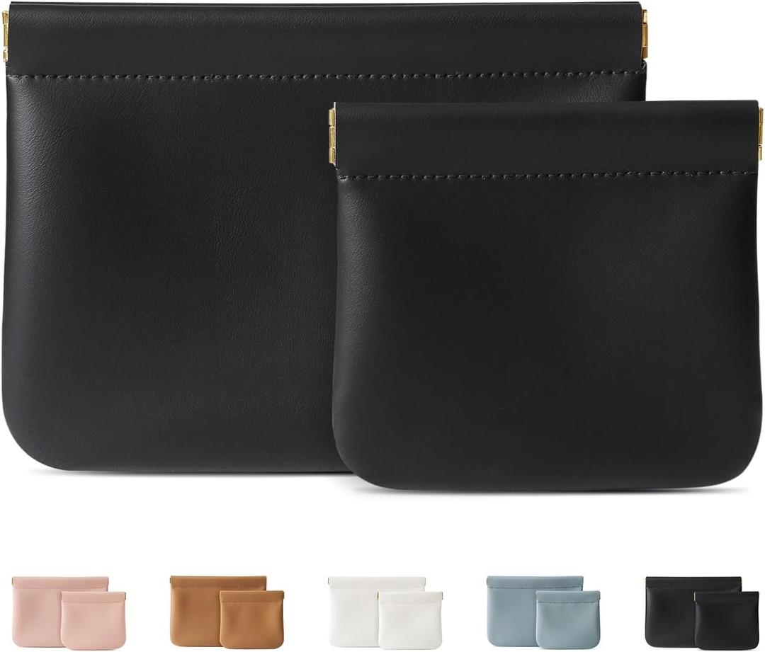 2 Pack Small Makeup Bag for Women, New Organosilicon Super Fiber PU Leather Mini Cosmetic Bag for Travel, Coin Purse Organizer Storage Pouch (No Phrase Printed, Black)