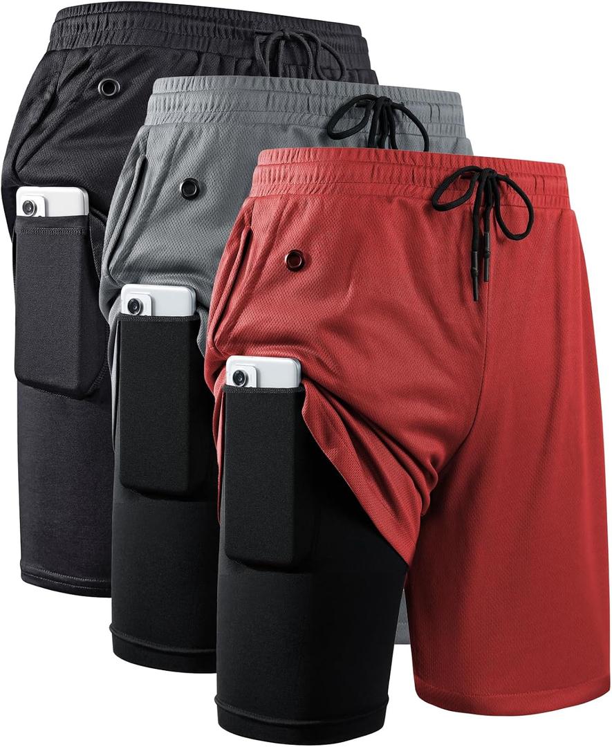 JWJ Men's 2 in 1 Workout Running Shorts 7 Inch Lightweight Athletic Gym Shorts with Compression Liner (L)