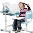 Rengue Kids Desk and Chair Set Height Adjustable School Study Desk and Chair with 55° Tiltable Desktop, 3 Modes&3 Brightness LED Lamps, Storage Drawer and Metal Hook for Boys Girls, Blue
