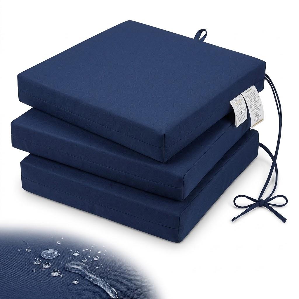 Navy Blue Outdoor Seat Cushion Set (Set of 3) – Square High-Density Foam Chair Pads with Attached Ties for Patio Chairs, Benches & Dining Seating, 19" W x 19" D x 3" Thick