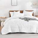 Andency Full Size Comforter Sets, White Gingham Plaid Grid Checkered Bedding Comforter Set for Teens Boys Girls Kids, 3 Pieces Lightweight Reversible Preppy Bedding Set(79x90 Inch)
