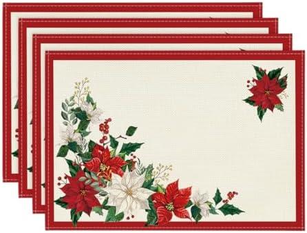 Artoid Mode Beige Leaves Poinsettia Christmas Placemats Set of 6 12x18 Inch Seasonal Winter Table Mats for Party Kitchen Dining Decoration