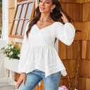 Angashion Women Tops Long Sleeve V Neck Peplum Blouse Dressy Casual Flowy Ruffle Babydoll Shirts (White)