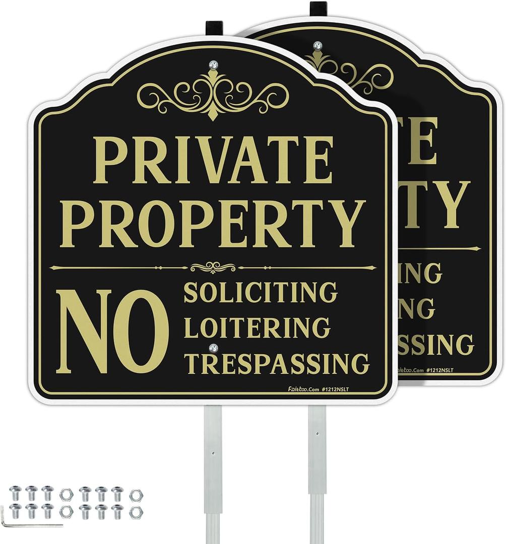 Faittoo Private Property No Soliciting Sign for House with 42" Stake, 2-Pack 12"x12" Rust Free Heavy Aluminum, Reflective, Fade Resistant, 2 Pre-drilled Holes, Includes Matching Screws & Wrench, Small Signage