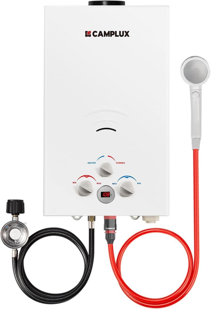 CAMPLUX Tankless Water Heater Propane, 2.64GPM Portable Water Heater for Off Grid, Camping, BW264, White
