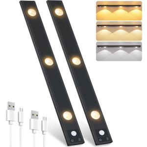 Pak Under Cabinet Lights, Rechargeable Motion Sensor Light Indoor, Wireless and 3-Color Dimmable with Cats Eye Hill Effect, for Display Cabinets, Showcases, Wine Racks, 2 Pack, Black