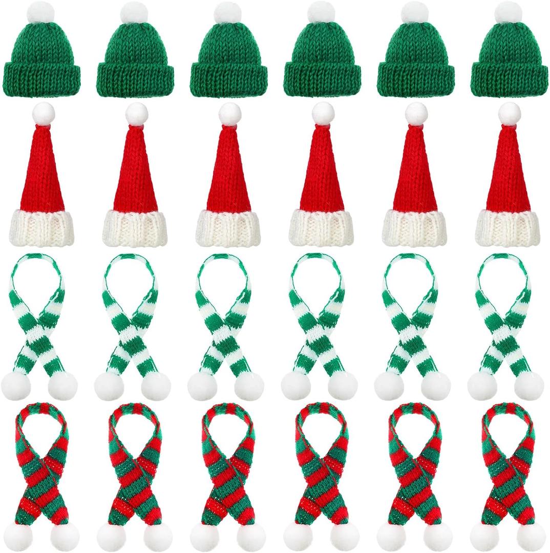 Bencailor 24 Pcs Mini Knit Santa Hats Tiny Christmas Scarf and Hats Set Mini Scarf for Crafts Small Christmas Tree Ornaments Decorations for DIY Craft Art Snowman Doll (Green)