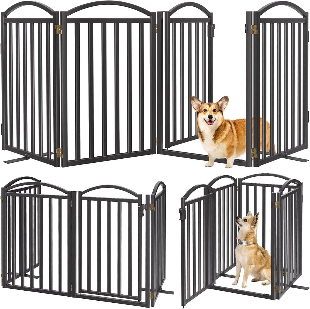 Malier Metal Freestanding Dog Gates with Door, 32'' Height Outdoor Indoor Dog Fences, Extra Wide Foldable Puppy Gate for Stairs (Black, 4 Panels with Door 80''W 32''H)