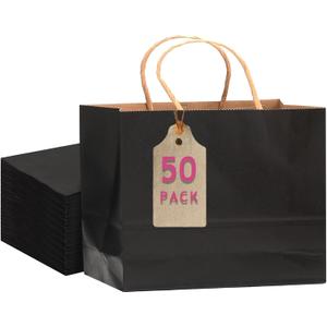 qiqee 50-Packs Black Paper Gift Bags with Handles Bulk 12.6"x4.3"x10" Wide Large Size Party Favor Bags Multiple Uses