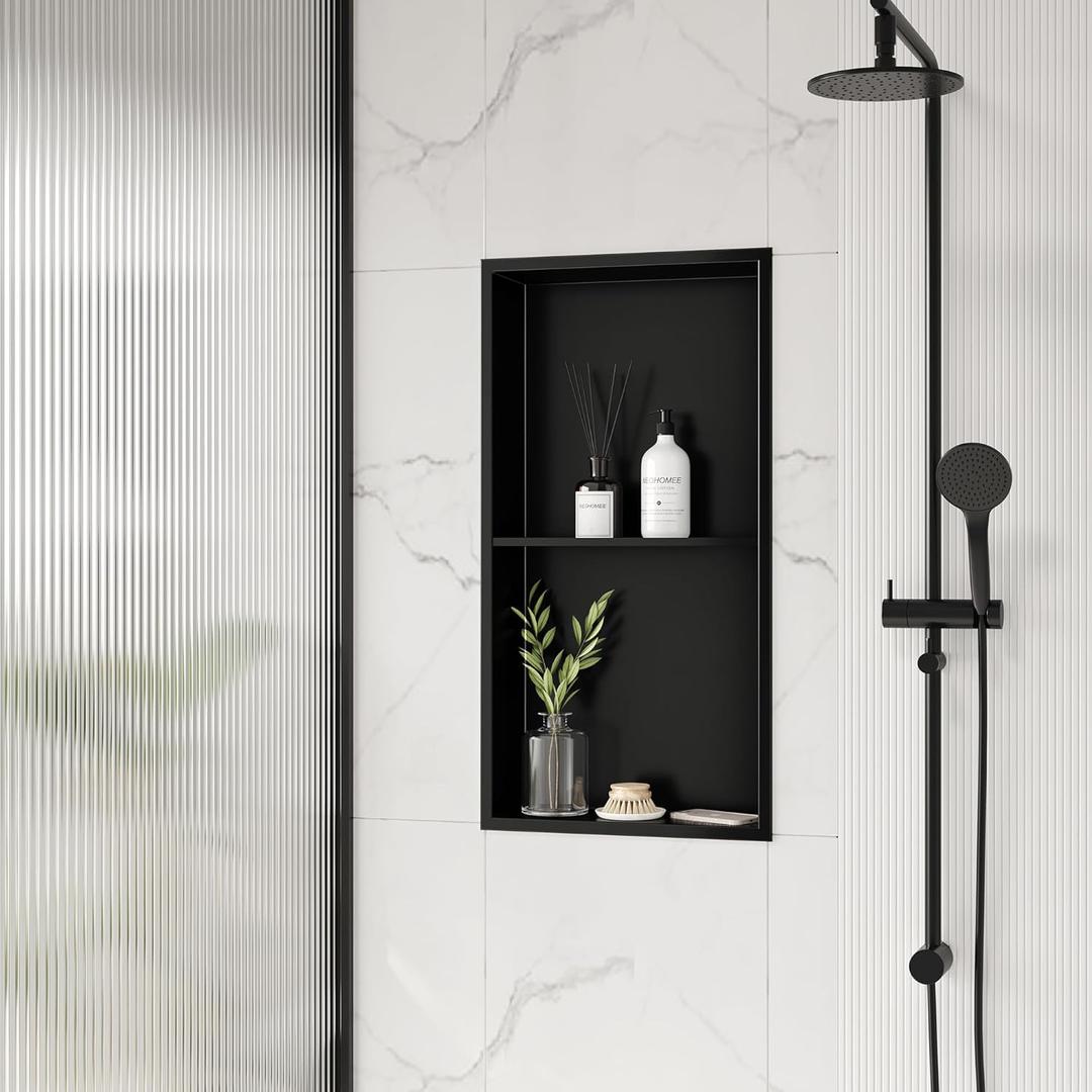 Neodrain No Tile Shower Niche Insert Tile Ready, Black Recessed Wall Niche for Shower Organizer(Inner Size 12"x24") - Stainless Steel Built-in Bathroom Shelf, No Tile Needed, Matte Black