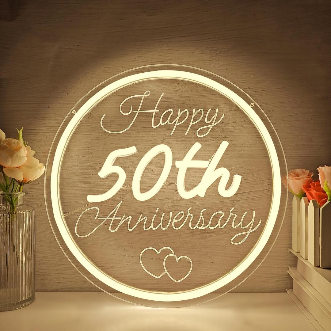 50th Anniversary Neon Sign Dimmable Happy Anniversary Sign Wedding Anniversary Decorations Led Sign Best 50th Gifts for Parents Couples(11.26")