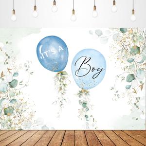 Glawry It's a Boy Baby Shower Backdrop for Photography 7Wx5H Feet Cute Blue Cartoon Balloons Watercolor Green Gold Eucalyptus Leaves Plants Party Decorations Photoshoot Background Photo Booth Studio