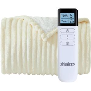 Heated Blanket Electric Blanket 90"x90", Soft Flannel Sherpa Electric Throw with 5 Heating Level & 12 Times Setting, Heated Throw with Overheating Protection, Machine Washable (Beige)