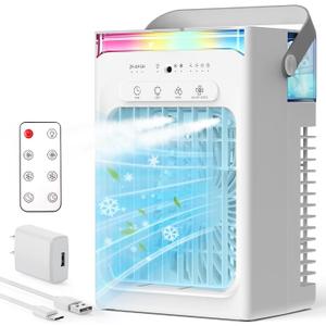 Portable Air Conditioners, Mini Personal Evaporative Cooler with Remote, 2 Mist Modes, 4 Wind Speeds, 1100 ML Water Tank, 2/4/6H Timer, Colorful Light, USB-C Powered Cooling Fan for Room Office Car