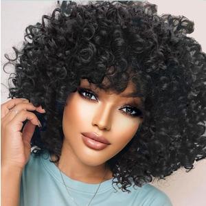 Curly Wigs for Black Women Short Curly Wig with Bangs Soft Big Bouncy Fluffy Small Curls Heat Resistant Synthetic Wig for Daily Party Use (Natural Black, 14Inch)