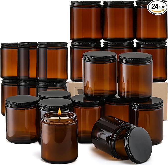 24 Pack, 8 OZ Thick Amber Candle Jars for Making Candle  Round Glass Jars with Lids  Empty Food Storage Containers, Canning/Mason Jar For Spice, Powder, Liquid, Sample  Leakproof & Food Grade