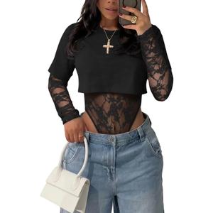 acelyn Sexy Lace Bodysuit Casual Cropped Tee Tops for Women See Through Club Outfits for Night Out Party, Small Short
