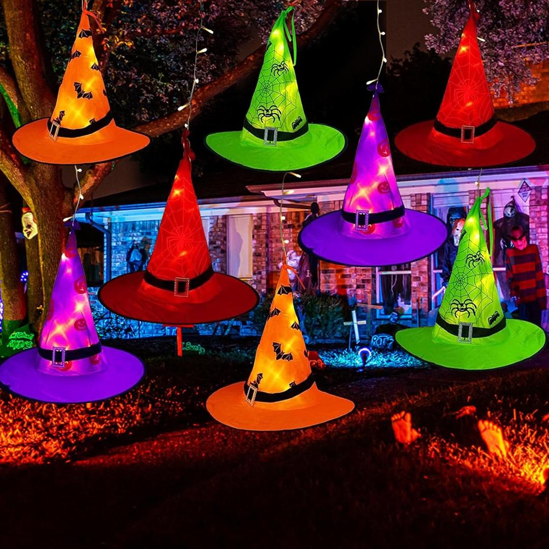 XTF2015 Halloween Witch Hat Lights Decorations Outdoor, Upgraded 8pcs Hanging Glowing Witch String Lights with 8 Modes, 44FT 104LED Waterproof Halloween Light for Outdoor, Garden, Trees, Party Decor