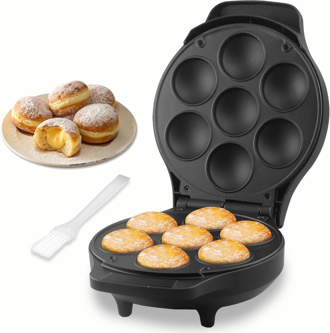 FineMade Mini Stuffed Pancakes Maker, Electric Ebleskiver Poffertjes Maker Pan, Danish Pancakes Maker, Cake Pop Maker, Bake 7x 2'' Ebelskivers without any Flipping operation