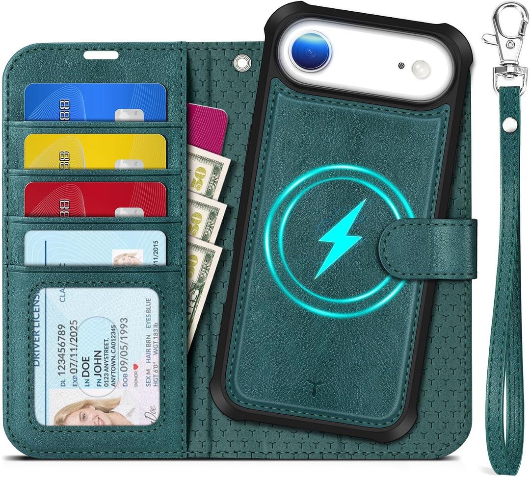 TUCCH Removable Case Wallet for iPhone Air (6.5") 2025, Detachable Wrist Strap, Wireless Charging, Stand, 4 Card Slots RFID Blocking, 2-in-1 Magnetic, PU Leather Shockproof Cover, Teal Blue