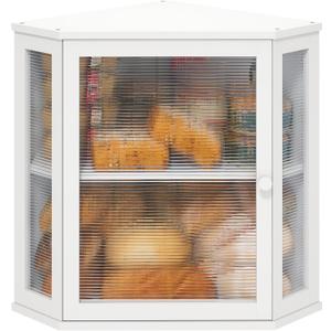 Corner Bread Box for Kitchen Counter, Bamboo Wood Large Capacity Bread Storage Bin with Acrylic Wavy Door Panel (White, Extra Large)