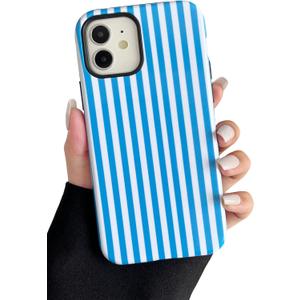 Compatible with iPhone 12/12 Pro Case Cute Aesthetic Striped Phone Case for Women Girl Shockproof Slim TPU and Hard PC Protective Cover (Blue)