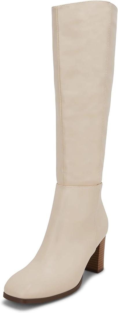 Coutgo Womens Knee High Boots Chunky Block Heels Square Toe Side Zipper Faux Suede Fall Winter Comfort Boot (7, Cream)