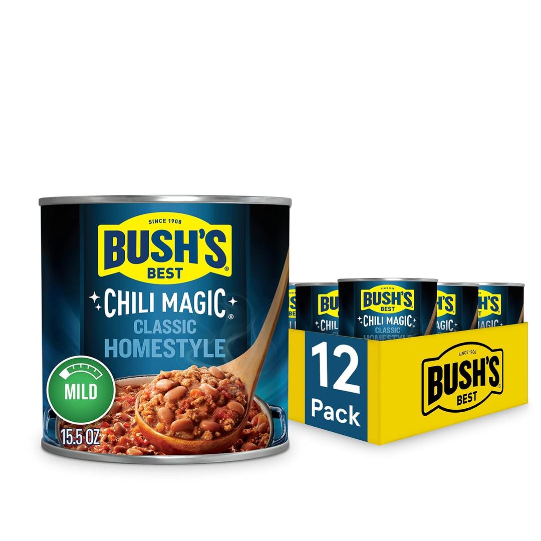 BUSH'S BEST Canned Chili Magic Chili Beans Starter Traditional Recipe (Pack of 12), Source of Plant Based Protein and Fiber, Low Fat, Gluten Free, 15.5 oz, BBD 04/2028