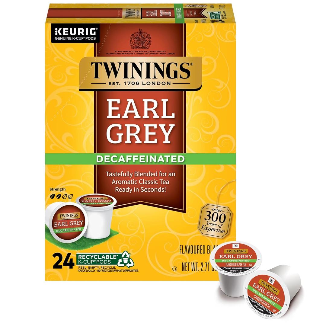 Twinings Decaffeinated Earl Grey Black Bergamot Tea K-Cups 24 CT (1 Pack) | Classic Black Tea, Light & Citrusy, Without the Caffeine, 24 Keurig K-Cup Pods for Single Serve Brewers, Enjoy Hot or Iced (EXP 02/16/29)