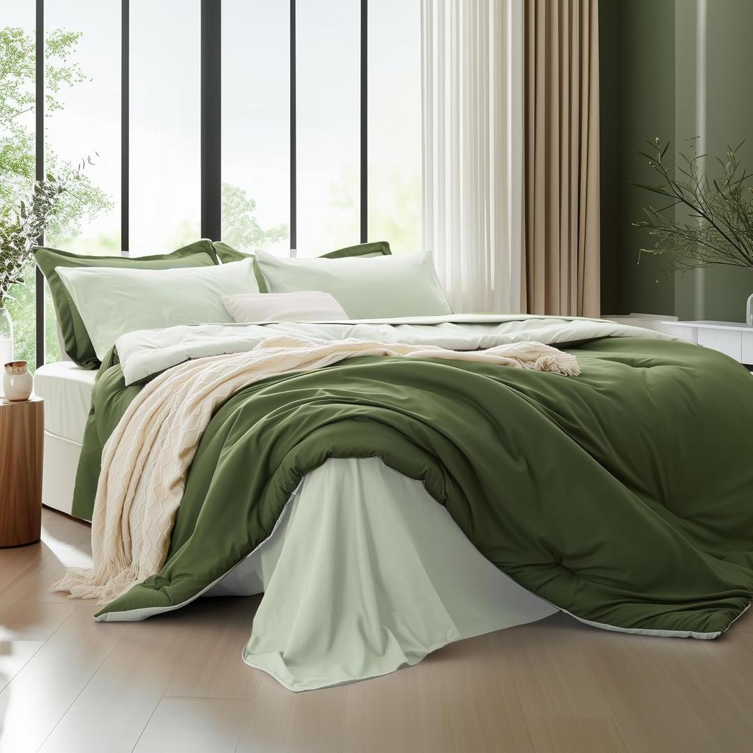 Queen Comforter Set 7 Pieces, Dark Green, Reversible Sage Green, Queen Bedding Sets, Soft Bed in a Bag Queen with Comforter, Sheets, Pillowcases & Shams, All Seasons Boho Bed Set