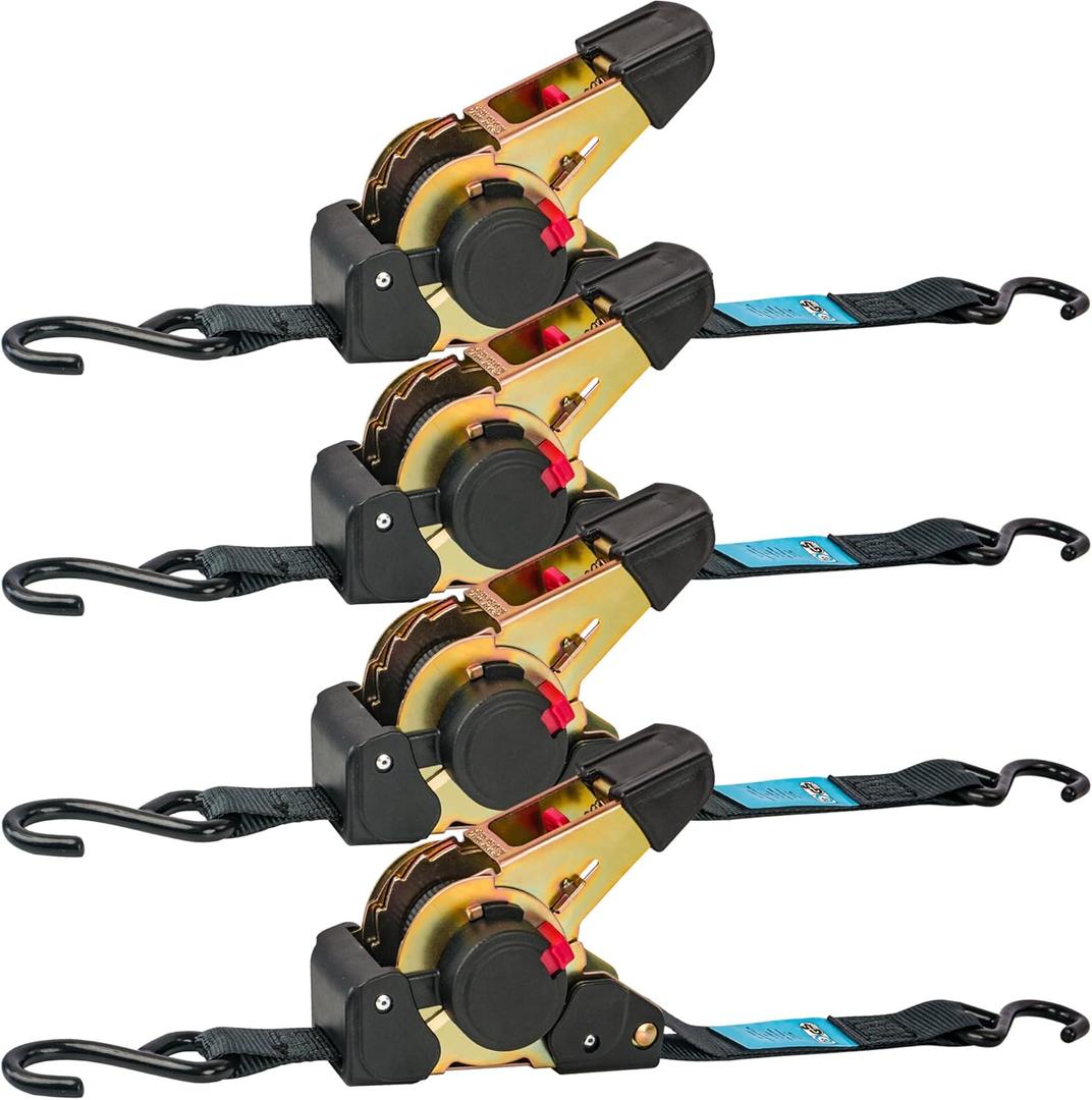 Retractable Ratchet Straps 4 Pack - 1" x 10' Each, Ratchet Straps Self Retractable 1500 lbs Break Strength. Weather Resistant Safety S-Hooks, Perfect for Boat, Securing Cargo, Any Hauling Job