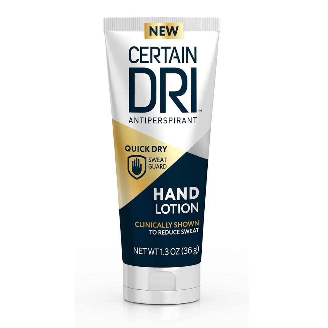 Certain Dri Antiperspirant Hand Lotion, 24-Hour Sweat Protection for Excessive Sweating & Palmar Hyperhidrosis, Fast-Drying, Non-Greasy, Fragrance-Free Formula, Dermatologist-Tested, 1.3 oz