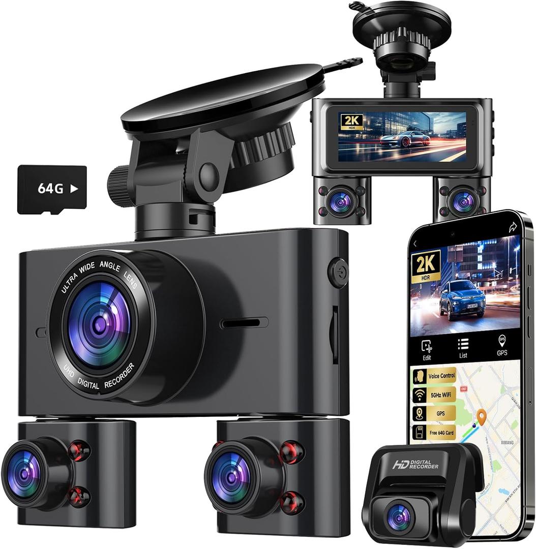 Dash Cam 360, Dash Camera for Cars Front and Rear Inside, 4 Channel 4K/2K FHD Mini Dashcam, Built-In WiFi, GPS,with 64GB Card, Voice Control, WDR,HDR,Night Vision, 24/7 Parking Mode(Upgraded Version)