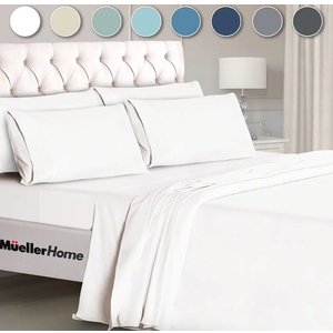 Mueller Ultratemp King Size Sheets Set, Super Soft 1800, 6 Piece, Deep Pocket up to 16" Cooling Sheets King Size, Transfers Heat, Breathes Better, Hypoallergenic, Wrinkle, White