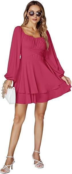 LYANER Women's Lantern Long Sleeve Wrap Tie Back Square Neck Double Layer Ruffle Hem A Line Short Mini Dress, With Shorts, Pink, No Size