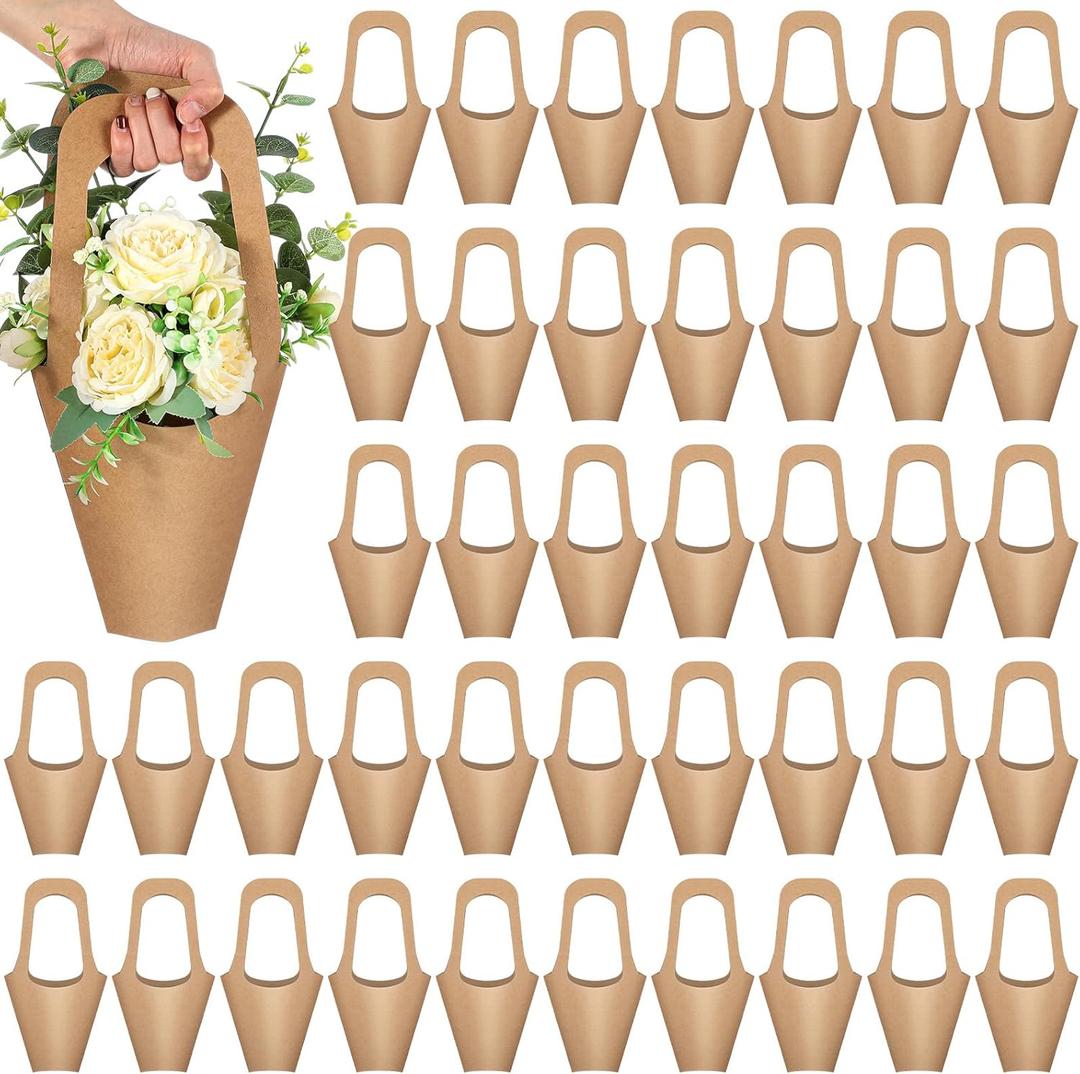 50 Packs Kraft Paper Flowers Gift Bags with Handle Flowers Bouquet Holder for Wedding, Valentines Day Decoration, Florist Shop (Small)