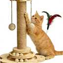 Wooden Cat Scratching Post, 4 in 1 Cat Scratcher Kitten Toys for Indoor Cats, 17.7" Tall Sisal Post with Two-Laye Wooden Ball Track, Ideal for Small Medium Cat