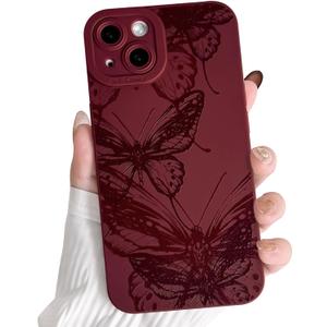 NITITOP Compatible with iPhone 13 Mini Case Cute Aesthetic Butterfly Pattern for Women Girls Soft TPU Shockproof Stylish Full Camera Protective Phone Cover - Wine Red