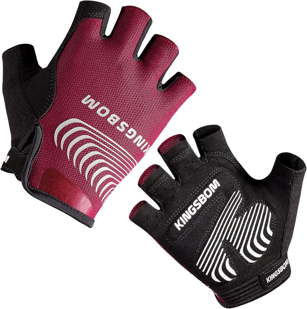 KINGSBOM Breathable Cycling Gloves, Shock-Absorbing Bike Gloves with Light Silicone Gel Pad, Anti-Slip Bicycle Gloves for Men and Women (Small, Red)