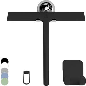 GTEWERK Silicone Shower Squeegee for Glass Doors & Mirrors with Stainless Steel Core, Streak-Free & No-Squeak Window Cleaning, 3-in-1 No-Drill Mount (Hook/Suction/Adhesive), Black, 9''