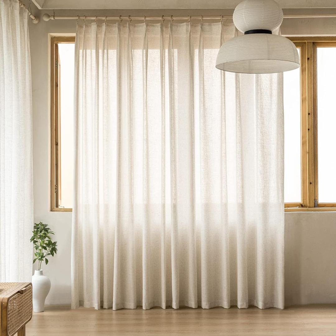 MAIHER Pinch Pleat Semi Sheer Curtains 90 Inches Long for Living Room, Light Filtering Pleat Faux Linen Curtain Patio Door Pleated Drapes 1 Panel (54" W x 90" L, Linen)