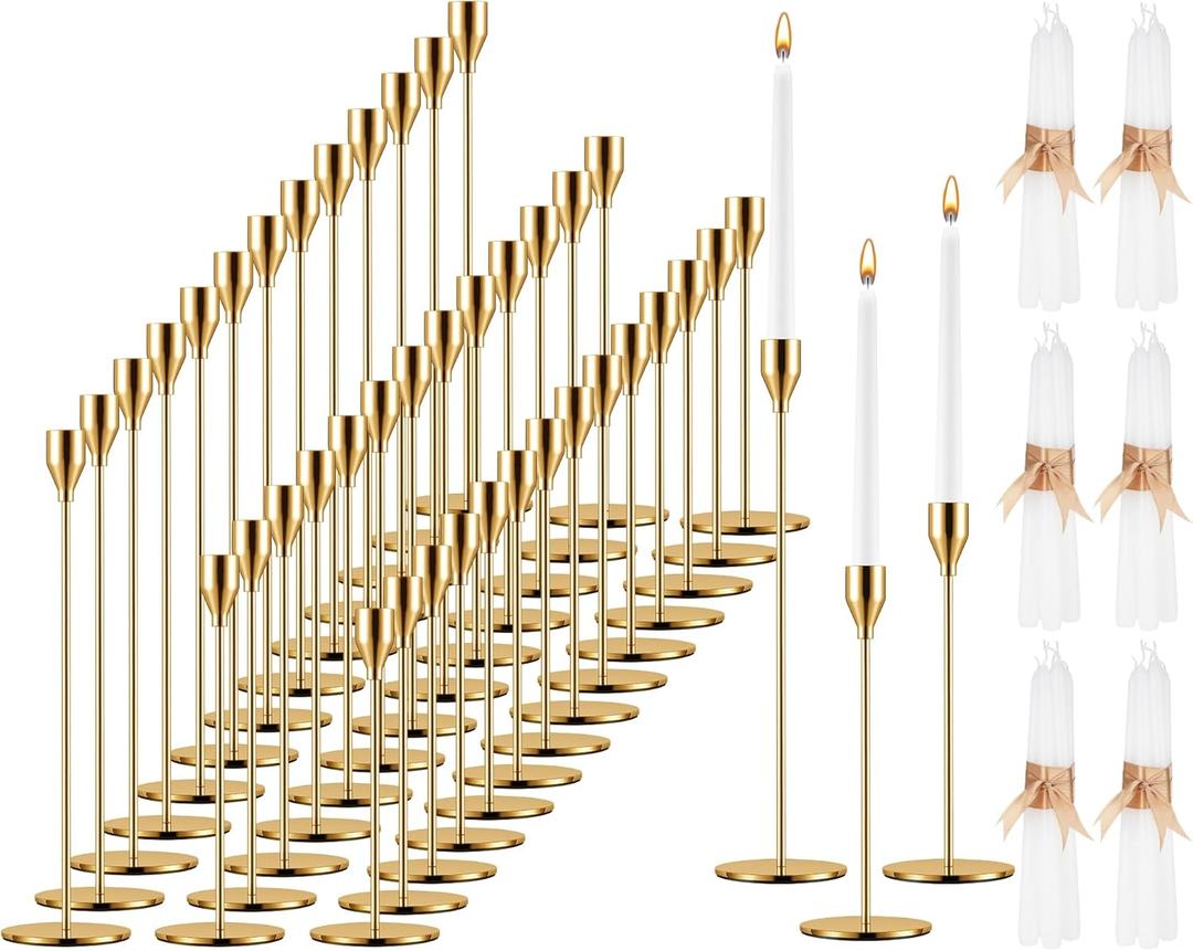 Inbagi 24 Sets Gold Candlestick Holders Bulk for Taper Candles Metal Tall Pillar Candle Stands for Table Centerpiece Wedding Christmas Home Party Decor, Fit 0.79 In Thick Candle