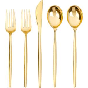 SUT 300 Pcs Gold Plastic Cutlery, Gold Utensils Disposable, Gold Plastic Silverware Set Include 100 Gold Plastic Forks, 100 Gold Plastic Spoons, 100 Gold Plastic Knives Heavy Duty Flatware for Party
