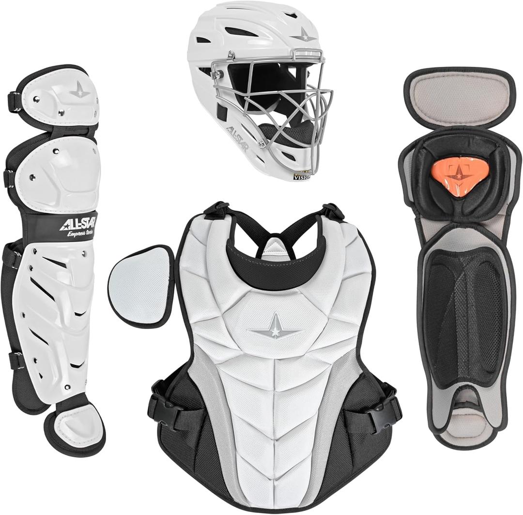 All-Star Empress Fastpitch Black/White Catchers Set Female Softball Gear Kit with Helmet, Chest Protector & Leg Guards Sizes Small and Medium