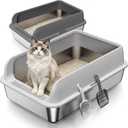 2 Pack XL Stainless Steel Litter Box with Lid, Extra Large Metal Litter Pan for Multi Cats, High Sides with Anti-Leakage Enclosure, Easy Cleaning, Non-Stick, Odor Control,Include Scoops