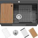 Black 31x20In Kitchen Sink Workstation-Stainless Steel Drop In Single Bowl Built-in Ledge Topmount Workstation Sink For Placing/Sliding Accessory-Cutting Board,Drying Rack,Convenient And Functional