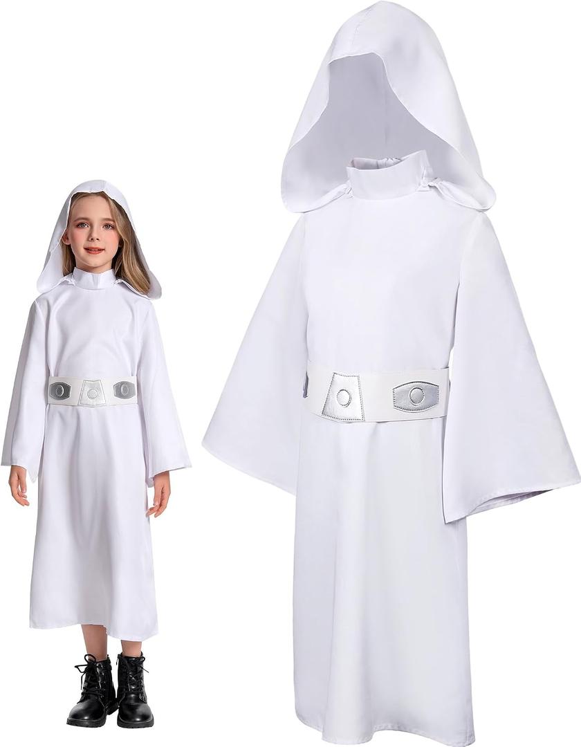 Princess Costume Kids Girls Force Knight Cosplay White Dress Belt Outfit for Birthday Halloween 120, White