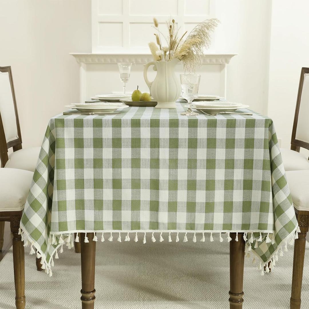 Romanstile Spring Checkered Tablecloth Rectangle, Outdoor Waterproof Heavy Duty Linen Cotton Gingham Table Cloth with Tassel, Wrinkle Free Plaid Table Cover for Easter Picnic Party, 55 x 70 Inch, Sage