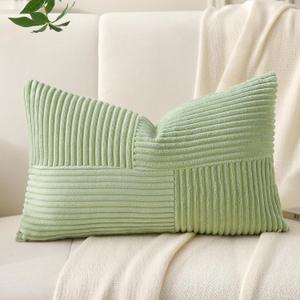 Sage Green Lumbar Throw Pillow Cover 12x20 inch,Pack of 1 Soft Corduroy Cushion Cover with Patchwork Textured,Farmhouse Home Decor,Boho Decorative Rectangle Cushion Case for Couch Sofa