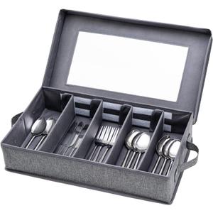 Silverware Storage Box, Flatware Storage, Utensil Storage with Removable Lid and Adjustable Dividers for Organizer Utensils, Cutlery, Flatware, Knives, Large Capacity Gray